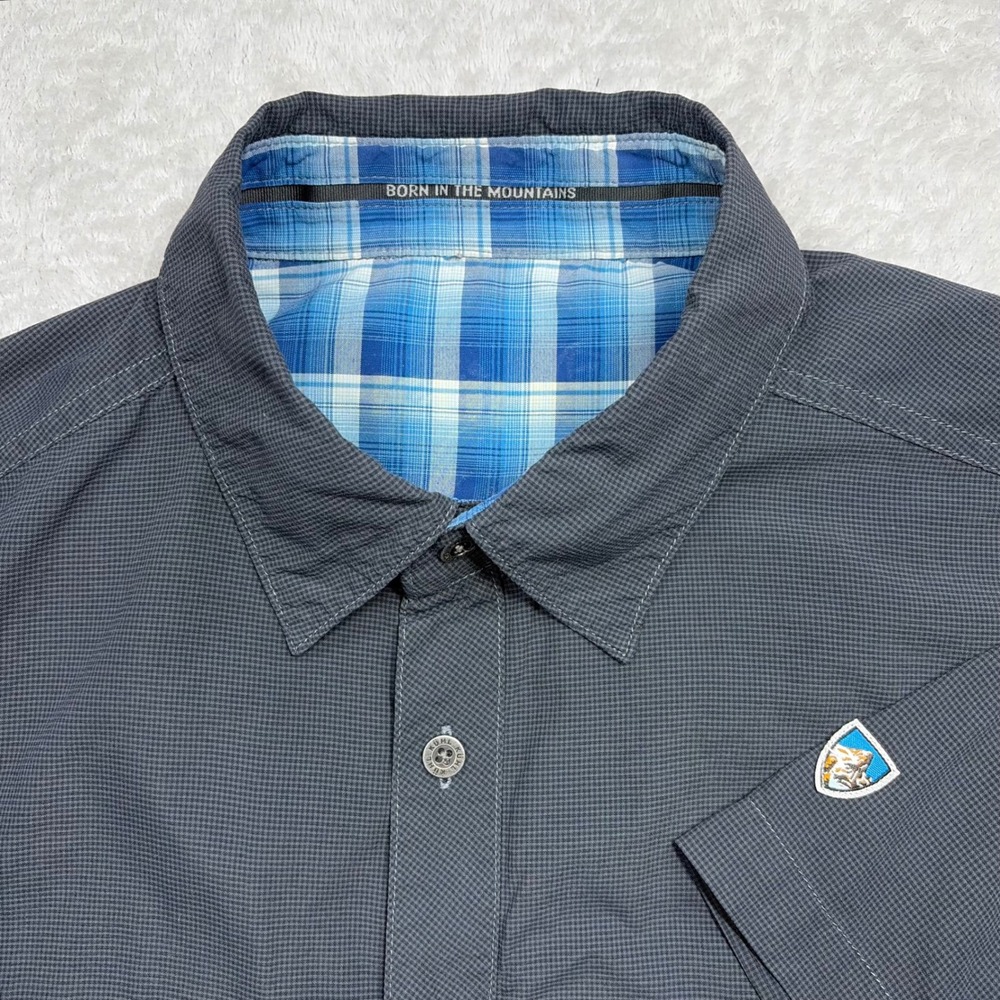 KUHL Button Up Shirt Men Small Gray Short Sleeve Hiking Technical Microcheck
